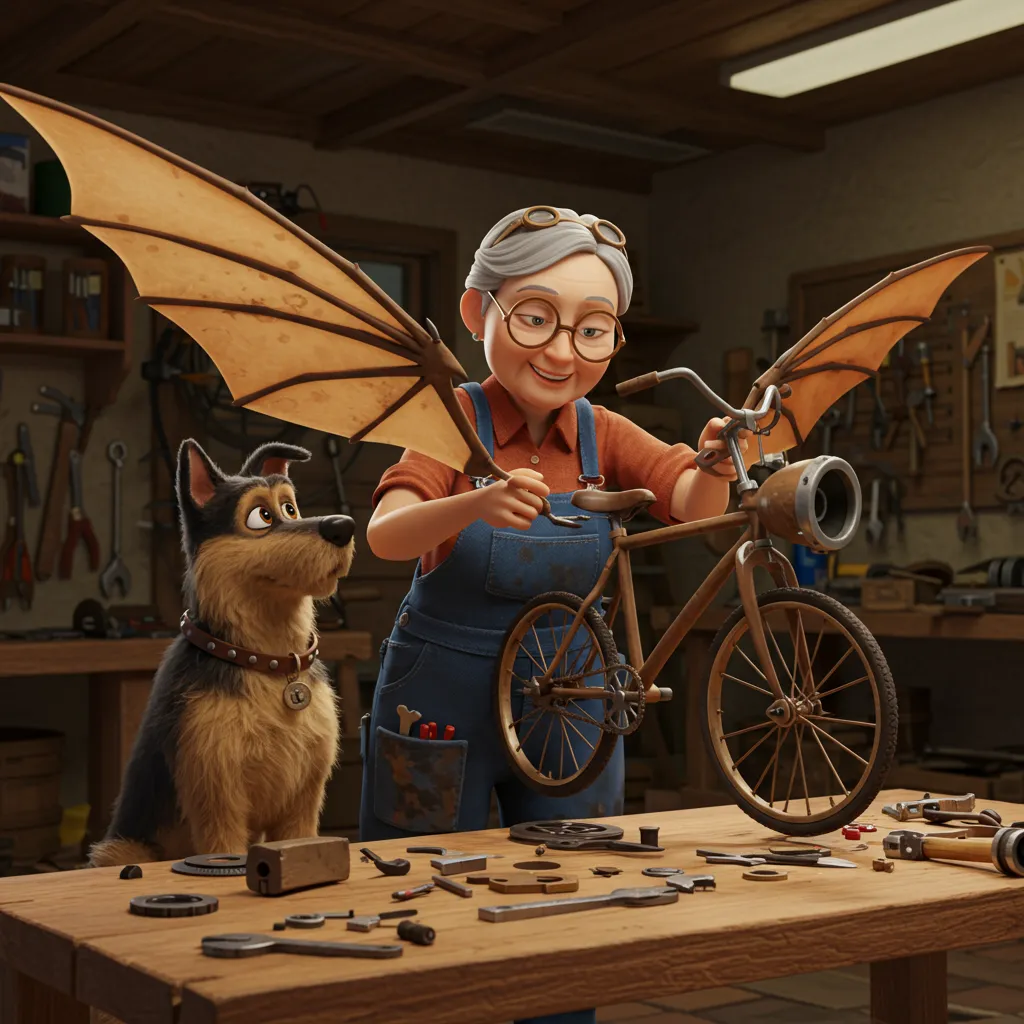 Frau Schmidt und Bello bauen das Fahrrad