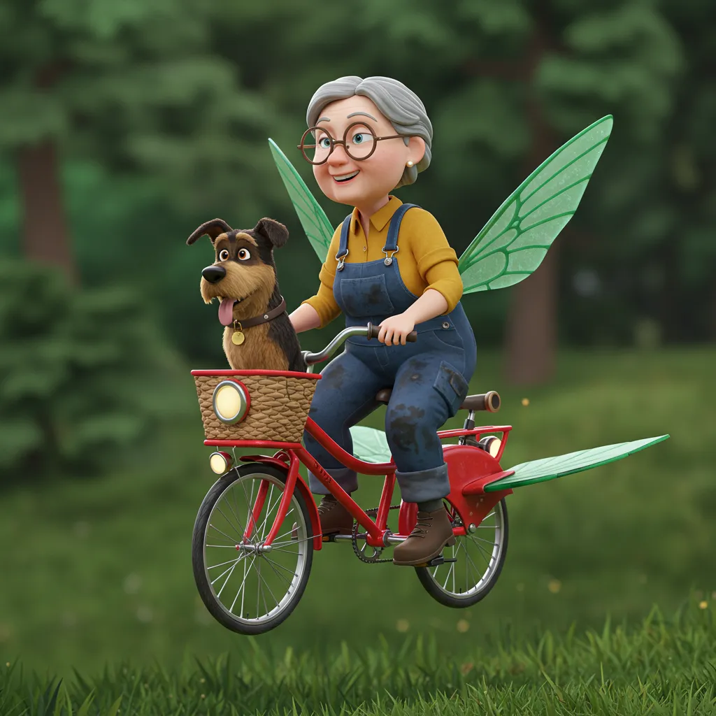 Frau Schmidt und Bello sitzen auf dem fliegenden Fahrrad und versuchen abzuheben