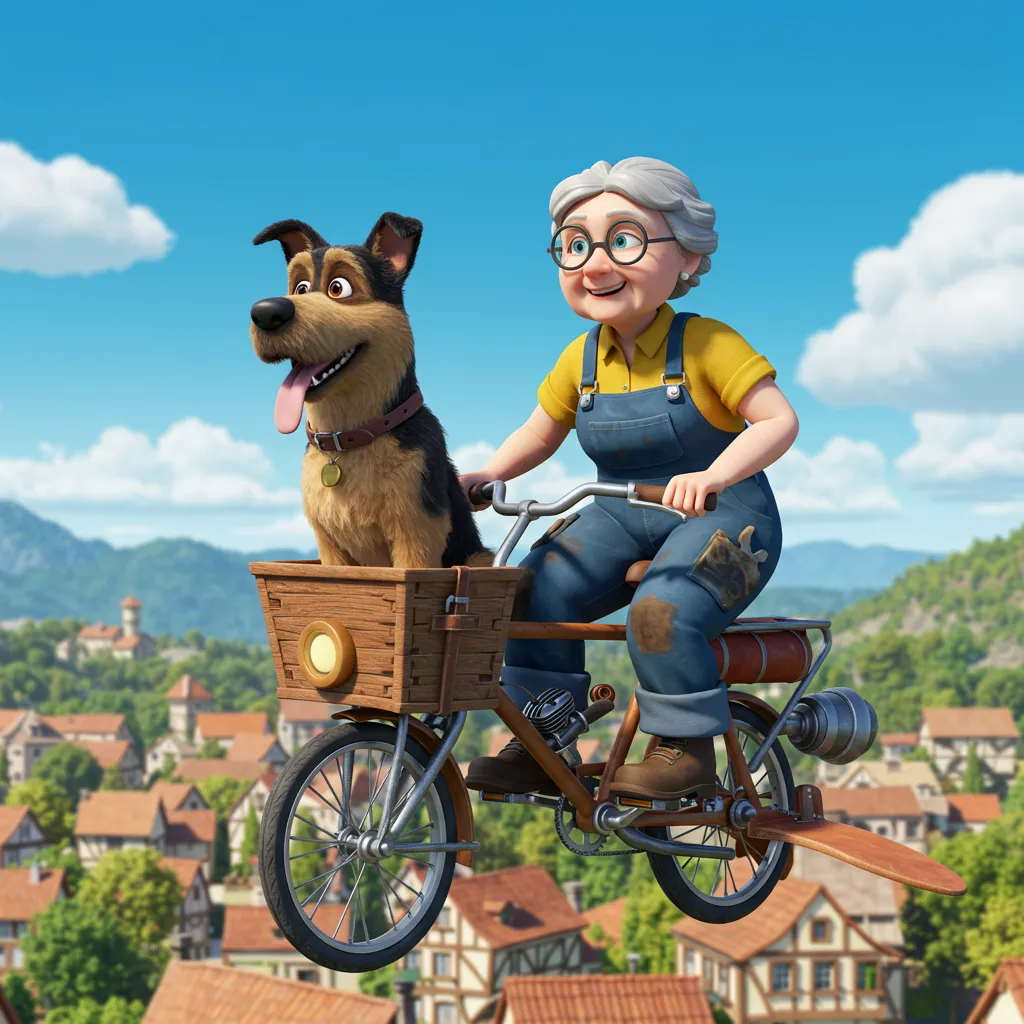 Das fliegende Fahrrad fliegt hoch am Himmel über einer Stadt