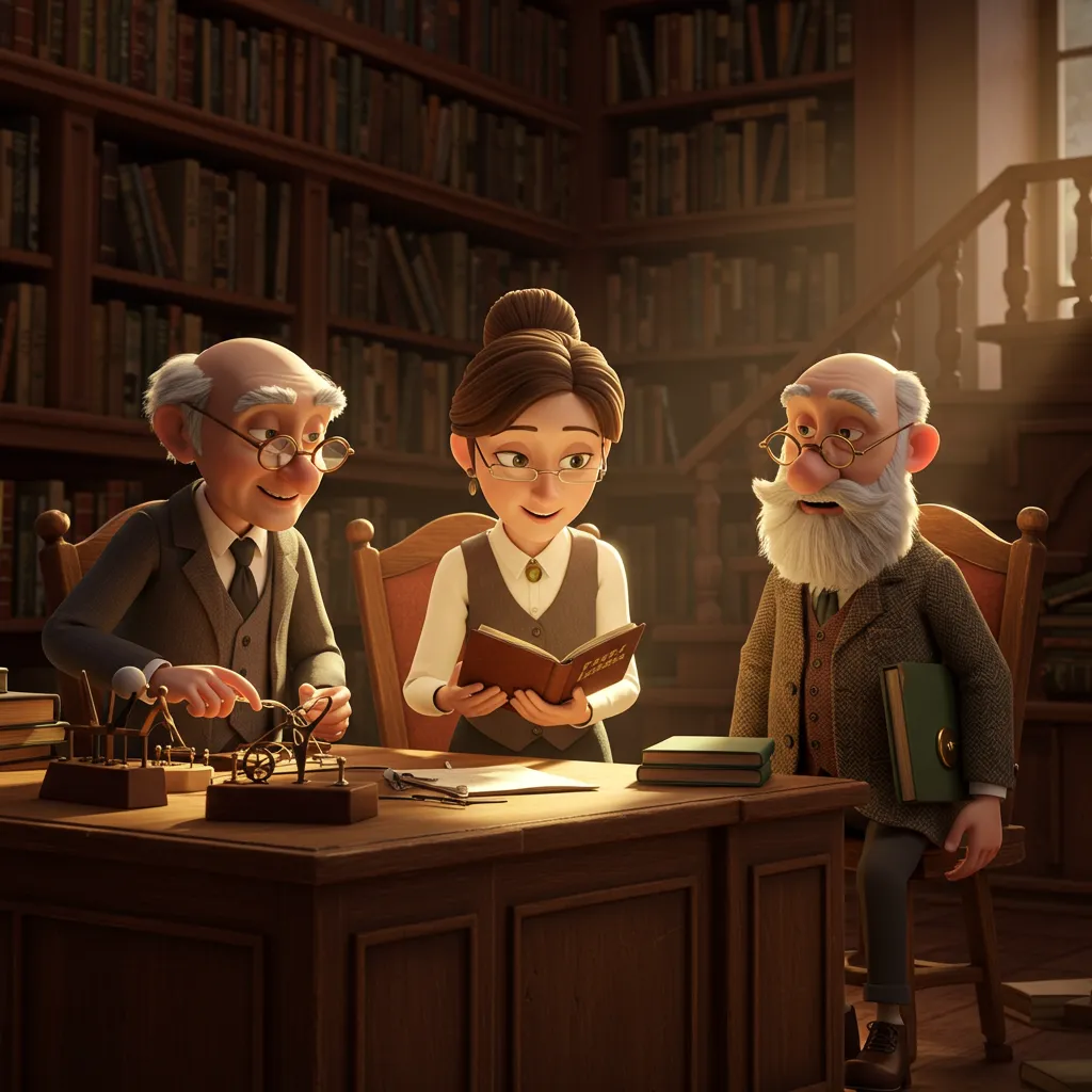 Frau Meier in der Bibliothek, umgeben von Büchern
