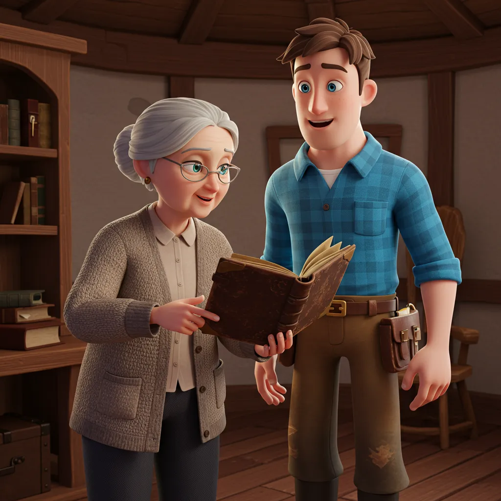 Elara und Finn mit alten Büchern und Karten