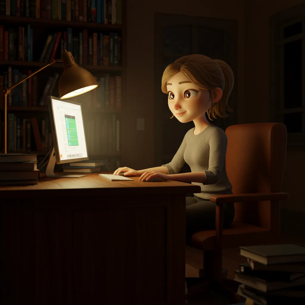 Elara sitzt allein in ihrem ruhigen Haus, ein Computer und Bücher sind um sie herum.