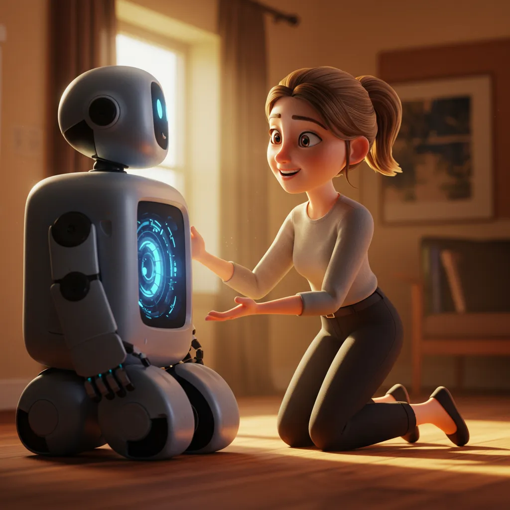 Ein großer Roboter in einer geöffneten Kiste steht vor Elara, seine blauen Lichter leuchten auf.