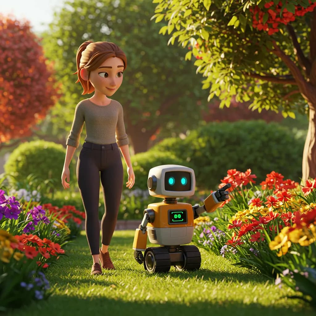 Elara und Robby gehen zusammen durch einen Park, Robby zeigt auf Blumen.