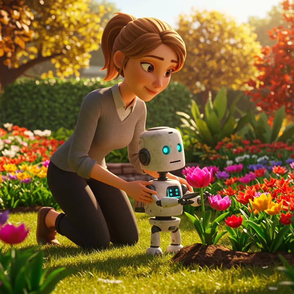 Elara und Robby sitzen zusammen im Garten, umgeben von Blumen, und lächeln einander an.