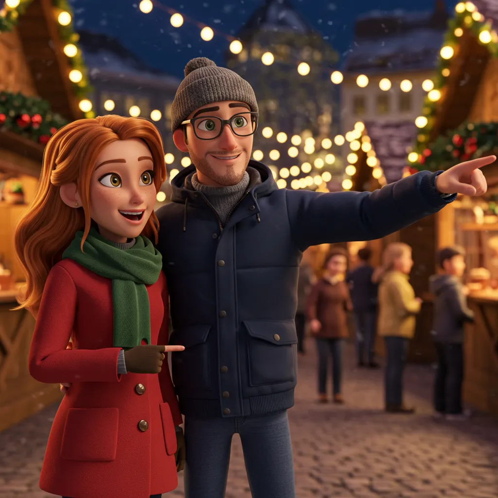 Ein Weihnachtsmarkt bei Nacht mit vielen Lichtern