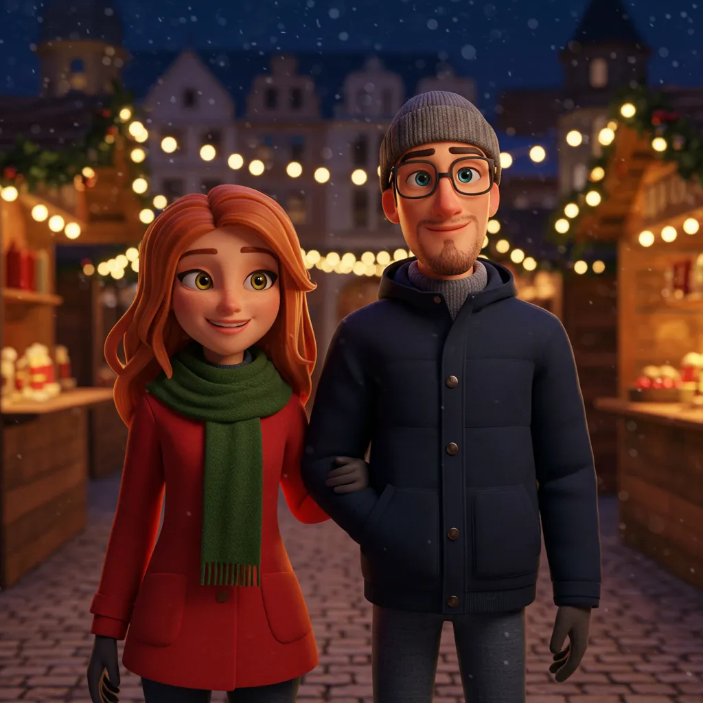 Elara und Max verabschieden sich mit Weihnachtshütten im Hintergrund